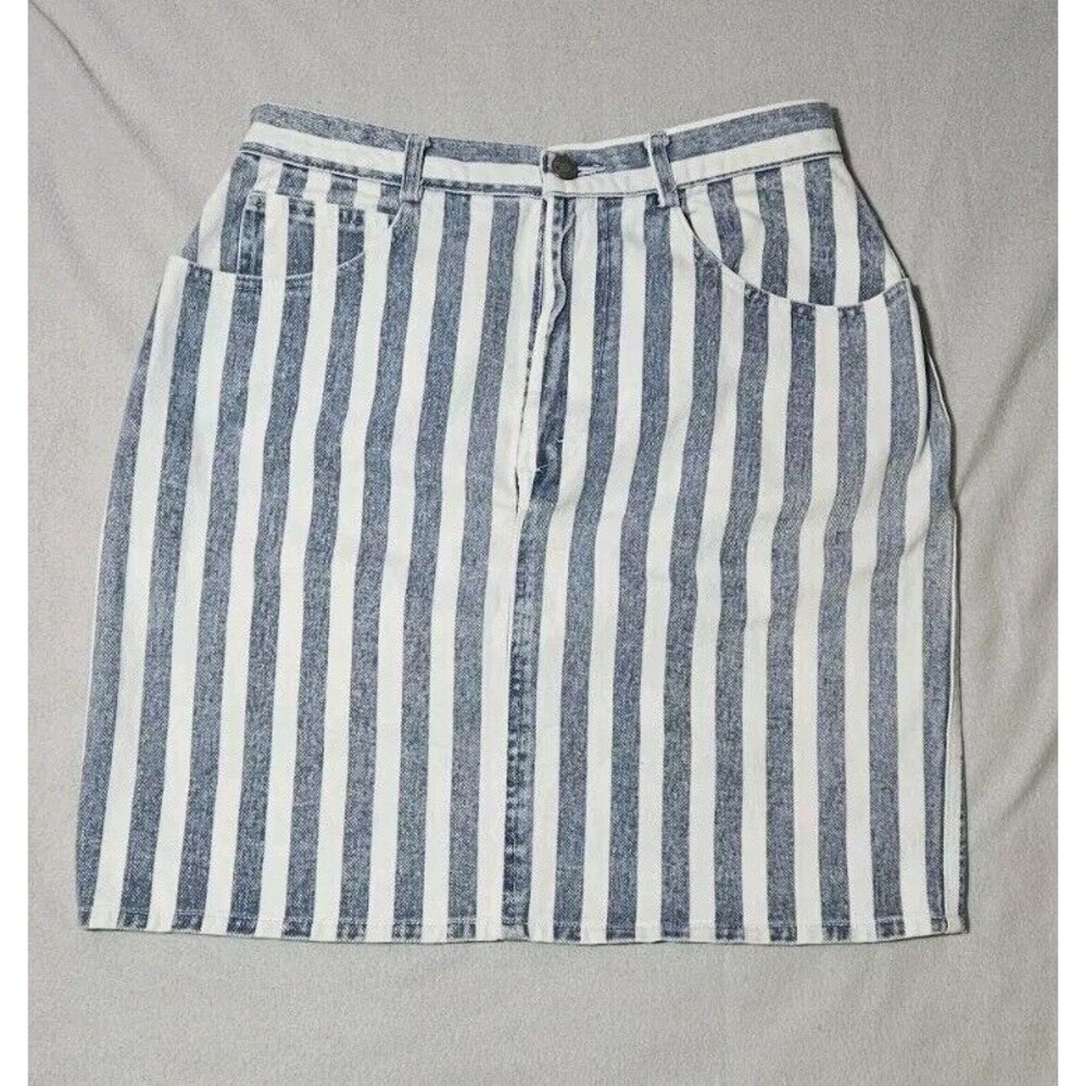 VTG Helium Women's Denim Straight Skirt Sz Medium Striped Mini Pencil Light Wash